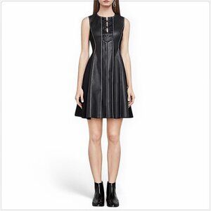 BCBGMaxAzria BCBG Jolee Lace-Up Faux Leather Ponte Knit Flared Dress New NWT L